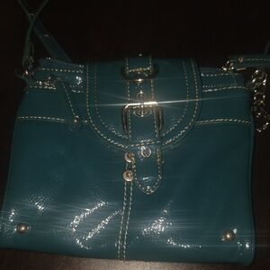 Teal Patent Leather Shoulder Bag with Buckle Detail